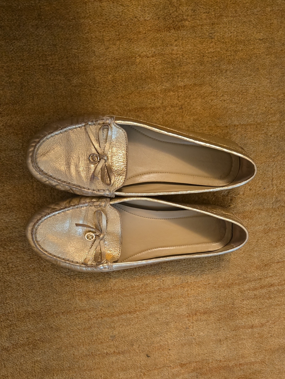 Michael Kors Metallic Gold Leather Loafers with Bow Accent